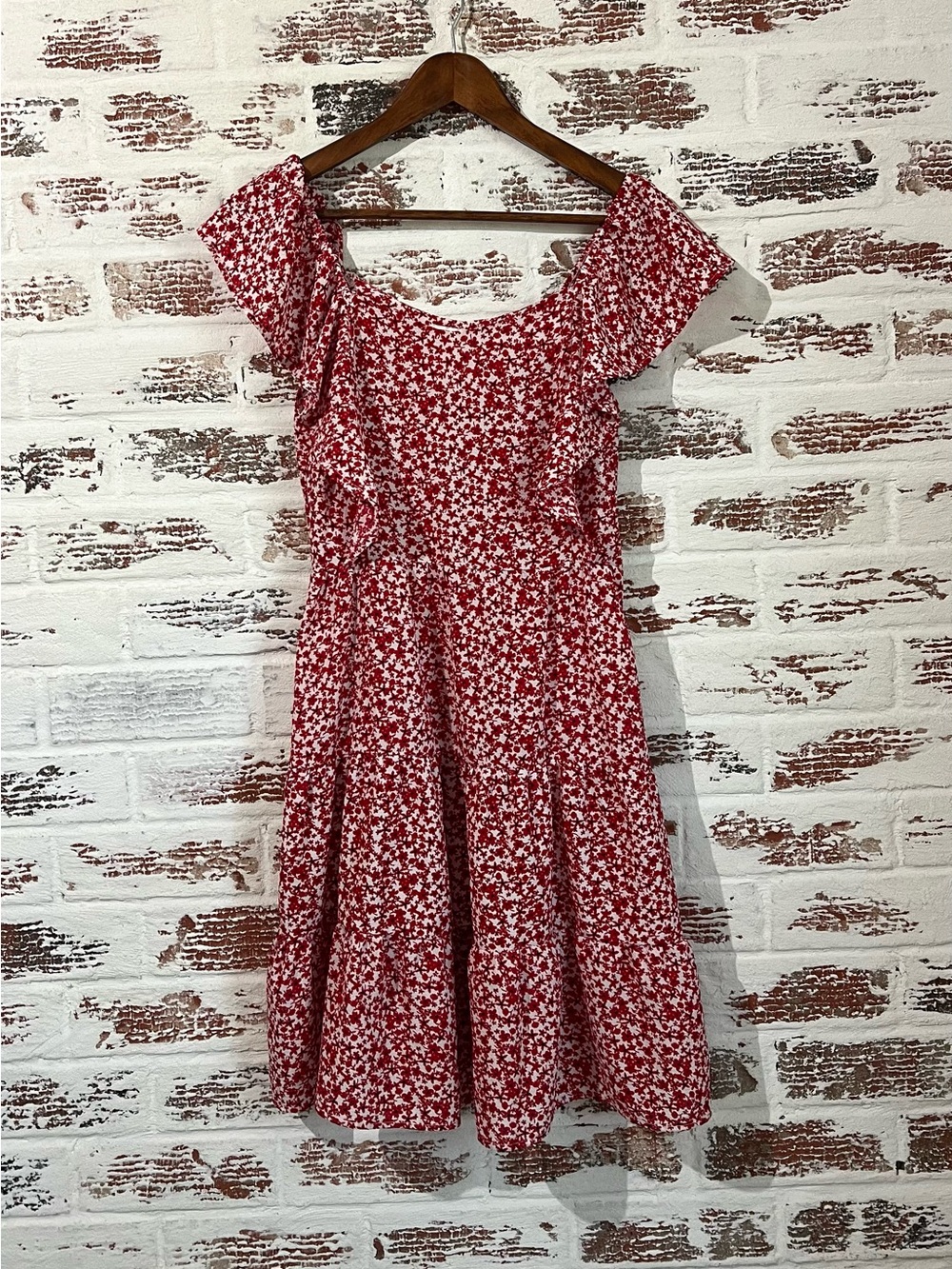 Monteau Los Angeles Dress Red Floral Mini Ruffle Front Cap Sleeve Prairie Sz M